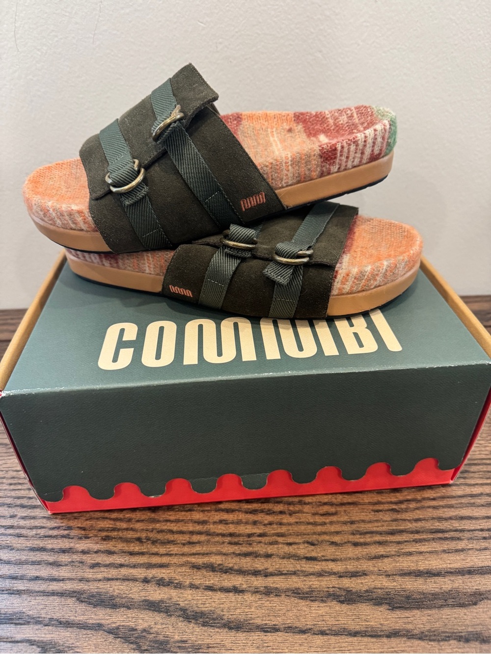 Women’s Olive Green Slide Sandals with Orange Patterned Footbed